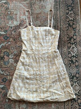 Cream Checkered “Linen” Spaghetti Strap Dress